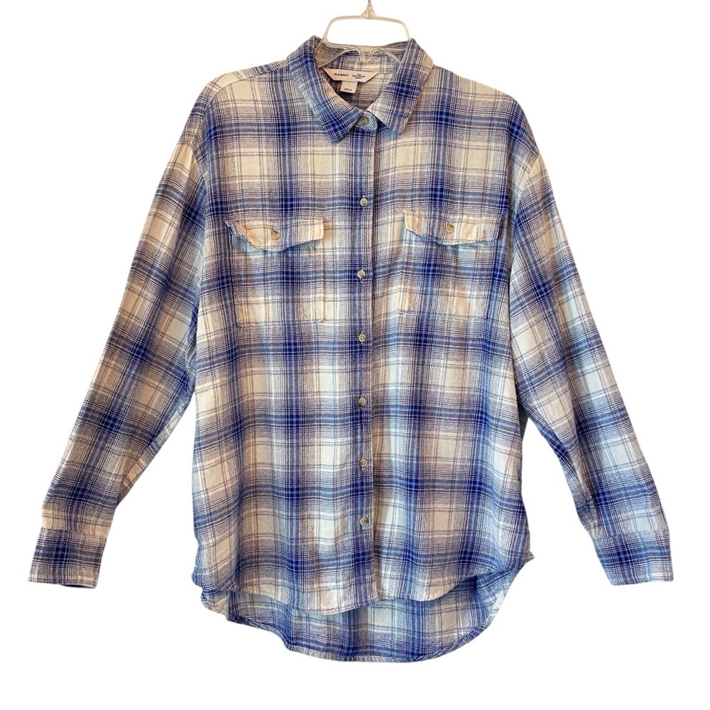 Old Navy Blue White Plaid Check Size L Button Up Light Flannel  Boyfriend Shirt